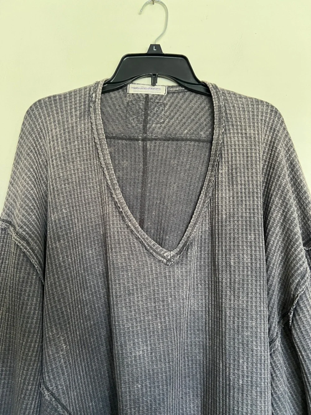 We The Free Washed Gray V-Neck Waffle Knit Pullover - Picture 3 of 7